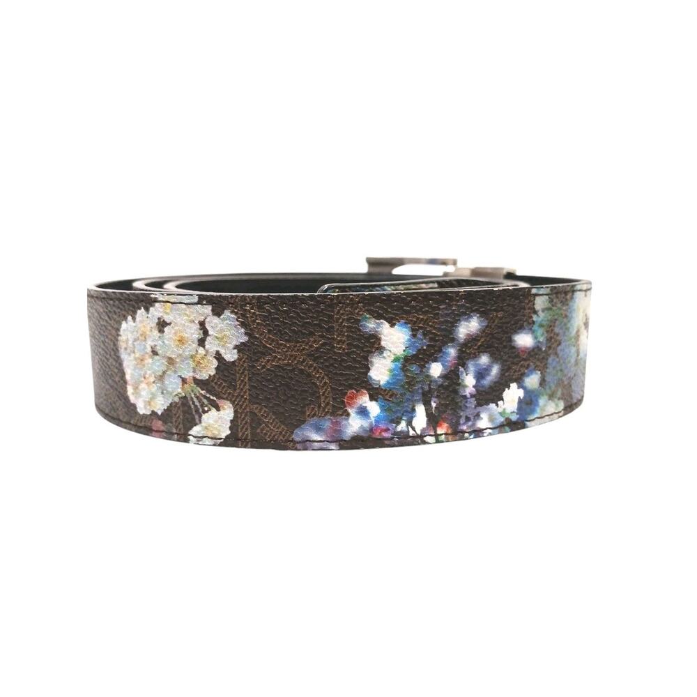 Calvin Klein Floral Belt XL Sz 48" Brown Blue Silver Logo Buckle Boho Cottage - Picture 3 of 14